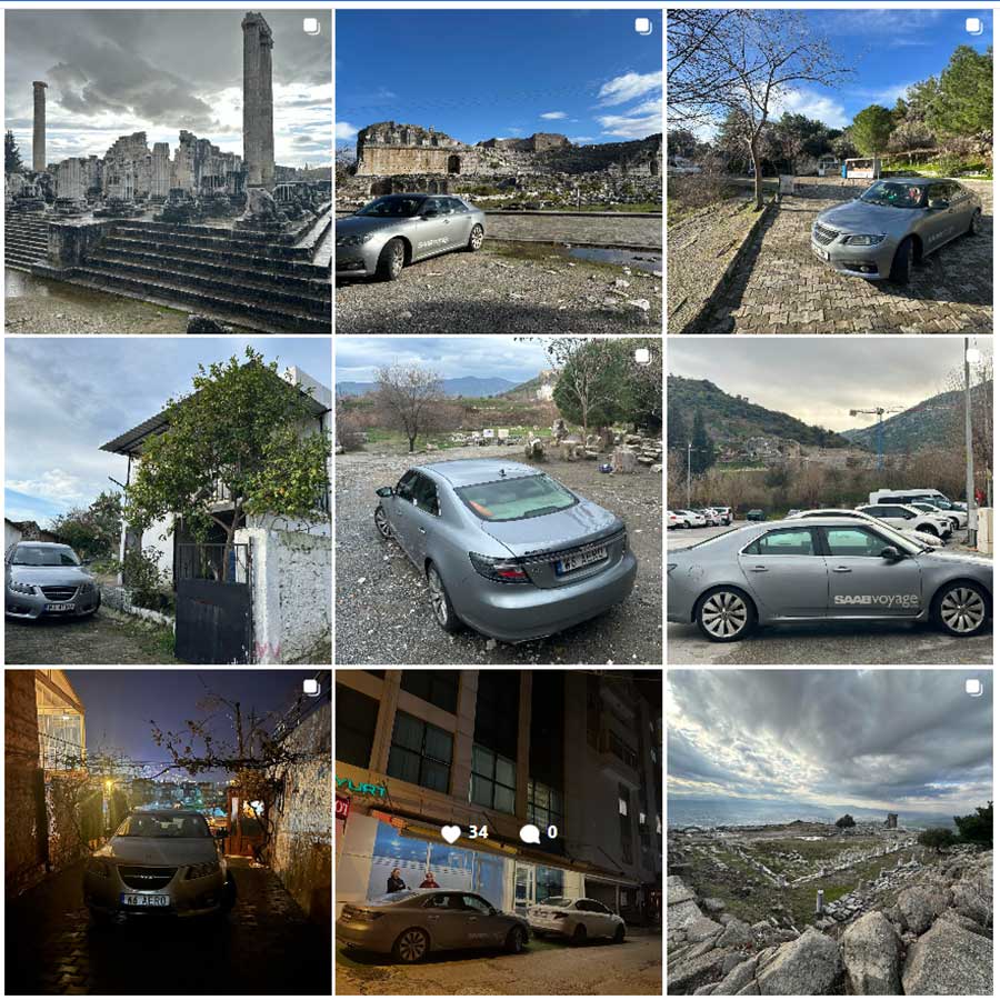 A glimpse into SaabVoyage’s Turkish adventure – their iconic Saab 9-5 NG Aero V6 parked at ancient landmarks and scenic locations, blending automotive passion with rich historical exploration.