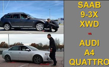 Saab 9-3X XWD facing off against Audi A4 Quattro in a head-to-head roller test challenge.