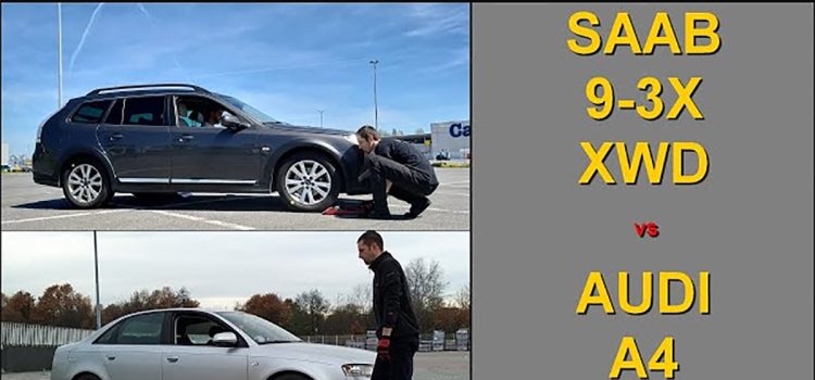 Saab 9-3X XWD facing off against Audi A4 Quattro in a head-to-head roller test challenge.