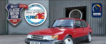 Matt Searle's stunning red 1990 Saab 900 Turbo 16S, a highlight of the NEC Classic Motor Show 2024, celebrating 40 years of the legendary Turbo 16S model.