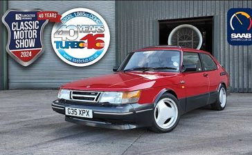 Matt Searle's stunning red 1990 Saab 900 Turbo 16S, a highlight of the NEC Classic Motor Show 2024, celebrating 40 years of the legendary Turbo 16S model.