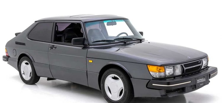 The pristine 1986 Saab 900 SPG offered by Hyman Ltd., showcasing its timeless Edwardian Gray paint and iconic design.