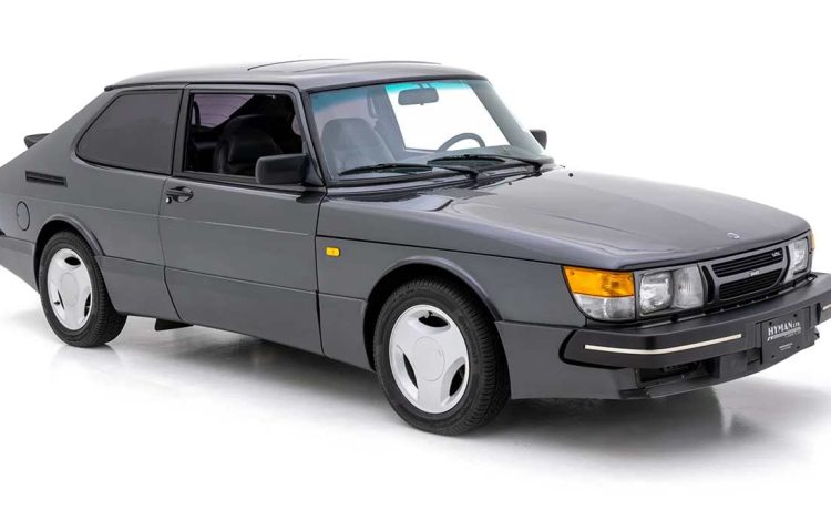 The pristine 1986 Saab 900 SPG offered by Hyman Ltd., showcasing its timeless Edwardian Gray paint and iconic design.