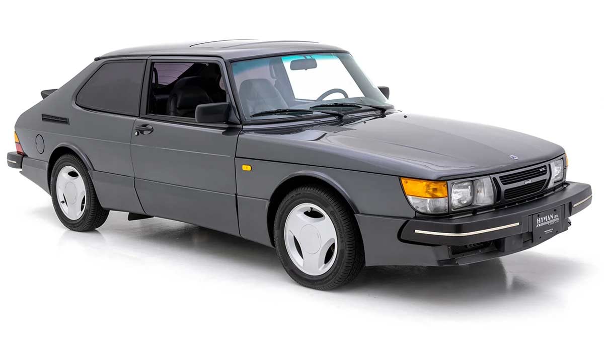 The pristine 1986 Saab 900 SPG offered by Hyman Ltd., showcasing its timeless Edwardian Gray paint and iconic design.