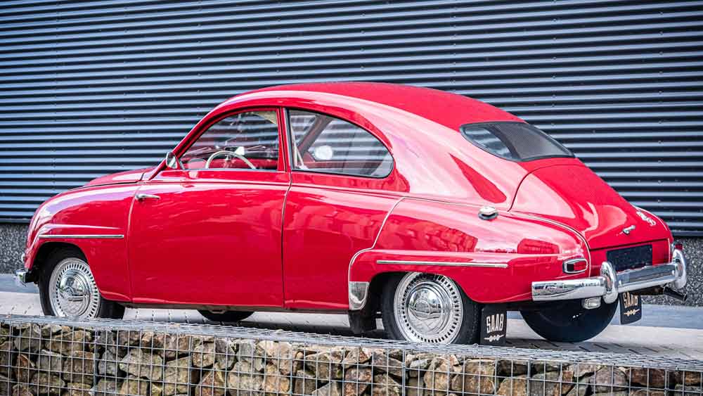 Iconic in red, the 1957 Saab 93B stands as a vibrant testament to the allure of vintage automotive design