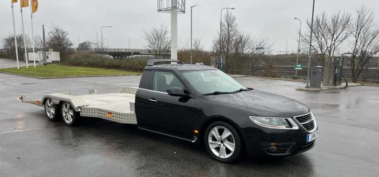 A remarkable transformation – this custom Saab 9-5NG car hauler blends Swedish design with practical utility, creating a unique piece of automotive history.