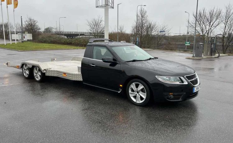 A remarkable transformation – this custom Saab 9-5NG car hauler blends Swedish design with practical utility, creating a unique piece of automotive history.