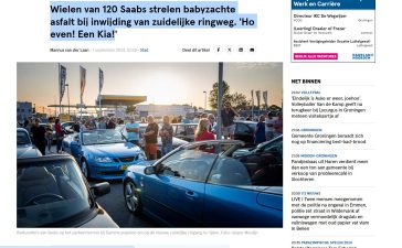 SAAB drivers eagerly await at the Gamma parking lot, ready to drive on the newly opened southern ring road in Groningen. Source: Dagblad van het Noorden.