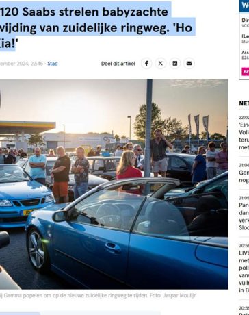 SAAB drivers eagerly await at the Gamma parking lot, ready to drive on the newly opened southern ring road in Groningen. Source: Dagblad van het Noorden.