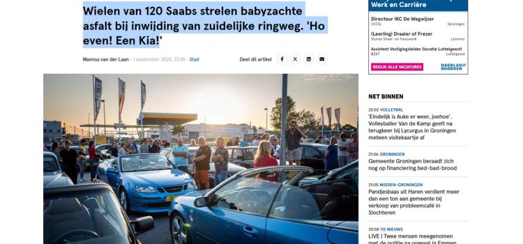 SAAB drivers eagerly await at the Gamma parking lot, ready to drive on the newly opened southern ring road in Groningen. Source: Dagblad van het Noorden.