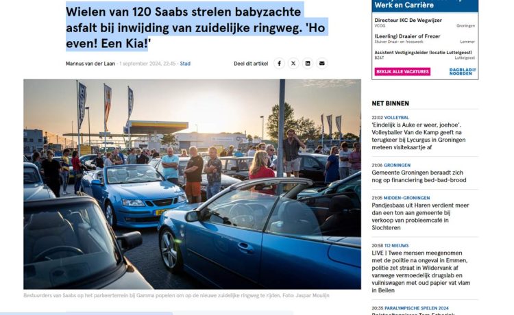 SAAB drivers eagerly await at the Gamma parking lot, ready to drive on the newly opened southern ring road in Groningen. Source: Dagblad van het Noorden.