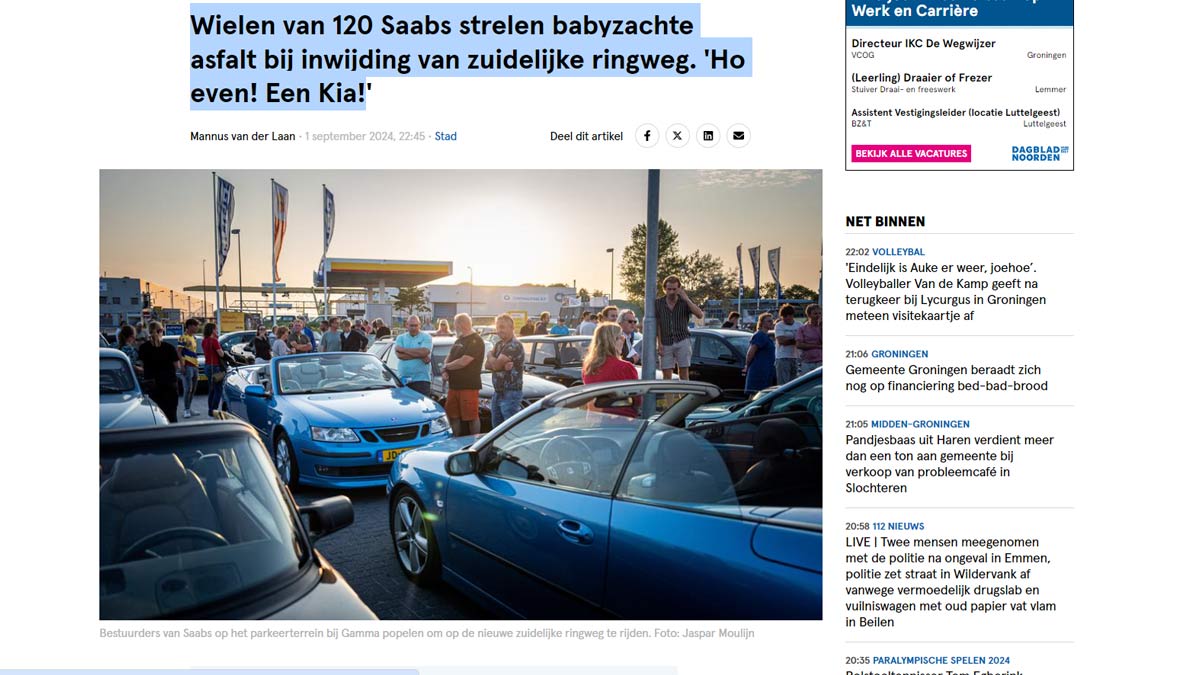 SAAB drivers eagerly await at the Gamma parking lot, ready to drive on the newly opened southern ring road in Groningen. Source: Dagblad van het Noorden.