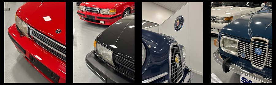 A captivating collage of various Saab models on display at the 'SAAB - BORN FROM JETS' exhibition, National Automobile Museum of Tasmania