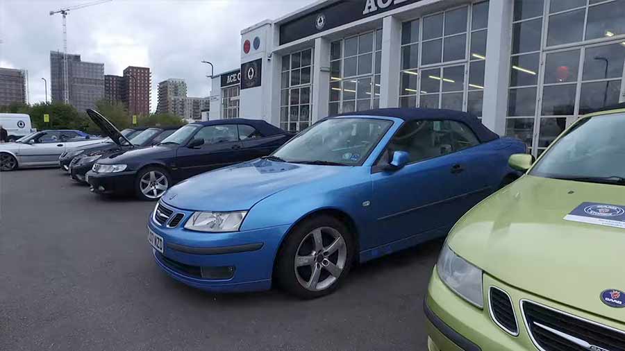 Saabs line up at London's historic Ace Cafe, where the UK Saab community gathers to celebrate a shared legacy