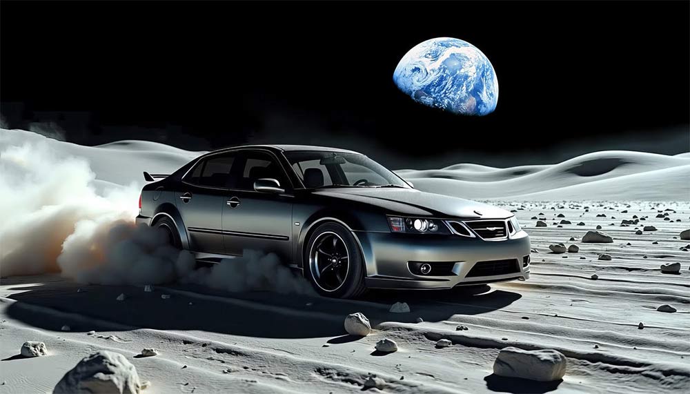 Lunar Legacy: Henrik’s Saab 9-5 Drifts on the Moon with Earth as a Backdrop