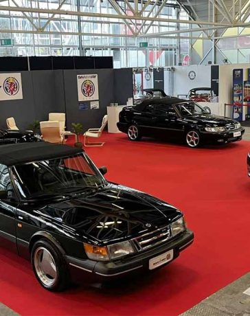 SaabWay Club Italy proudly displaying four iconic Saab models at "Auto e Moto d'Epoca" in Bologna, Italy, keeping the Saab legacy alive.