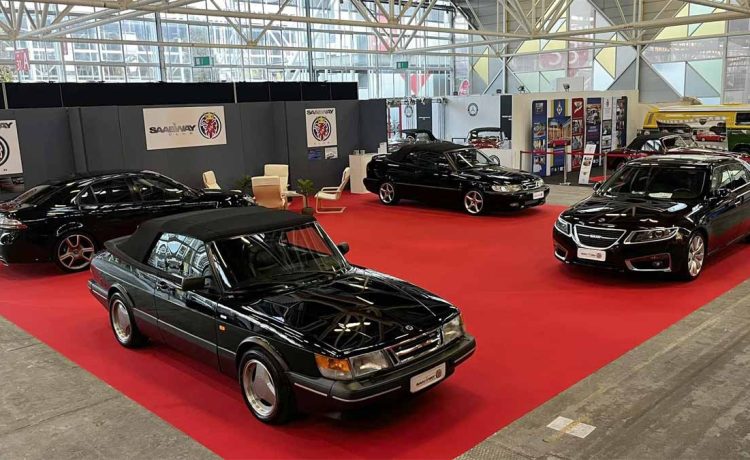 SaabWay Club Italy proudly displaying four iconic Saab models at "Auto e Moto d'Epoca" in Bologna, Italy, keeping the Saab legacy alive.