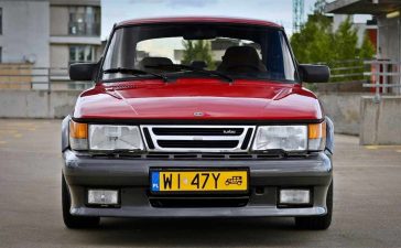 the rare Saab 900 Red Arrow, a limited edition Dutch market model, showcasing its distinctive grey AirFlow body kit and iconic whale tail spoiler.