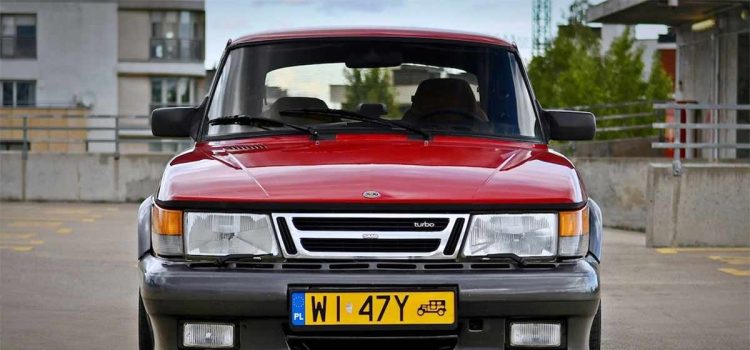 the rare Saab 900 Red Arrow, a limited edition Dutch market model, showcasing its distinctive grey AirFlow body kit and iconic whale tail spoiler.