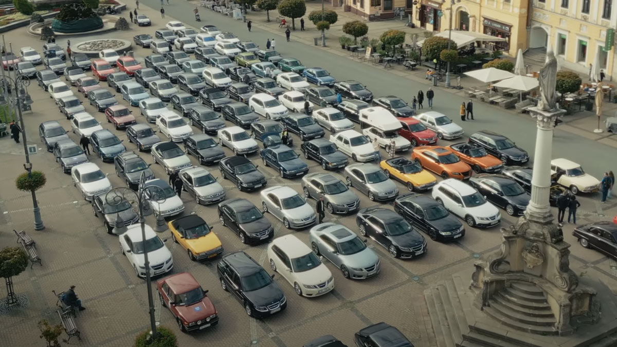 A stunning aerial view of Saab Session Slovakia 2024 in Banská Bystrica, showcasing an incredible lineup of Saab models from across Europe