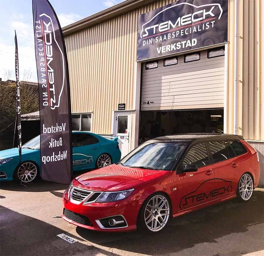 A pair of meticulously maintained Saab 9-3 models outside the Stemeck workshop, Sweden’s premier Saab specialist. Stemeck continues to preserve and enhance the Saab legacy through expert service and rare part sourcing.