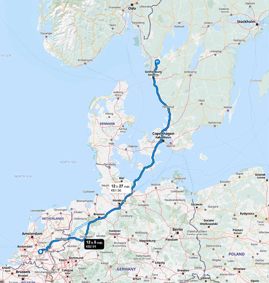 The route map of Melvin Könings' Saab tribute trip, covering over 2,500 km from the Netherlands to Trollhättan, Sweden, and back.