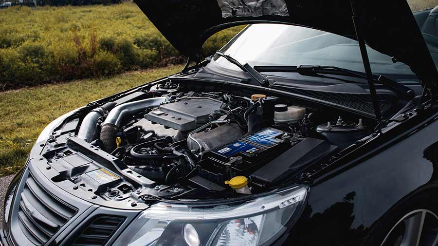 The heart of the KCPerformance Saab 9-3 Turbo X Convertible—a meticulously tuned 2.8L V6 turbocharged engine delivering 400 horsepower and 600 Nm of torque.