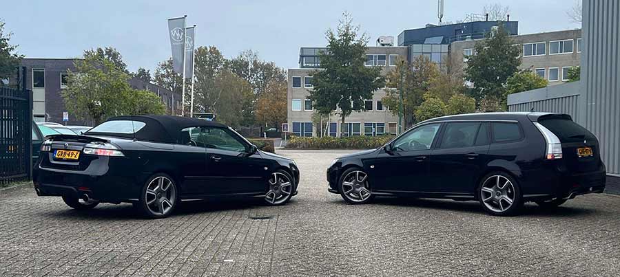 David Joost Kamermans' Saab 9-3 duo: a Turbo X Sportcombi and a rare V6 Aero Convertible with the TX package, showcasing Saab’s unique blend of performance and style in both coupe and estate forms