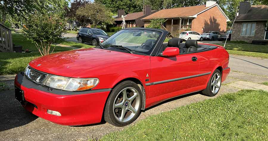 2001 Saab 9-3 Viggen Convertible in Laser Red, one of only 97 imported to the US. Features include a 2.3-liter turbocharged engine, factory Viggen wheels, and black leather interior with Viggen-specific details. Recent maintenance includes new hydraulics for the top, ABS module, and power mirror switch.